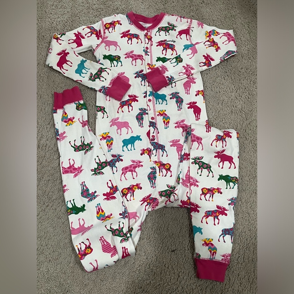 HATLEY LITTLE BLUE HOUSE MOOSE PATTERNED KIDS UNION SUIT PAJAMAS, GIRLS SIZE 10
